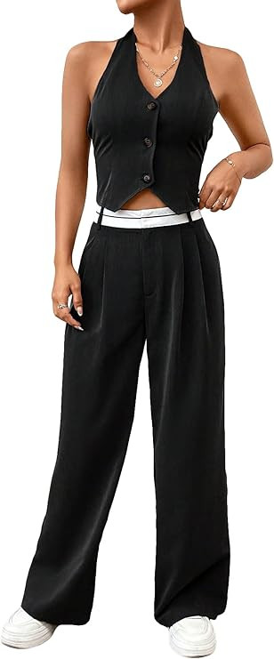 Floerns Women's 2 Piece Outfit Button Front Halter Top with Wide Leg Pants Set | Amazon (US)