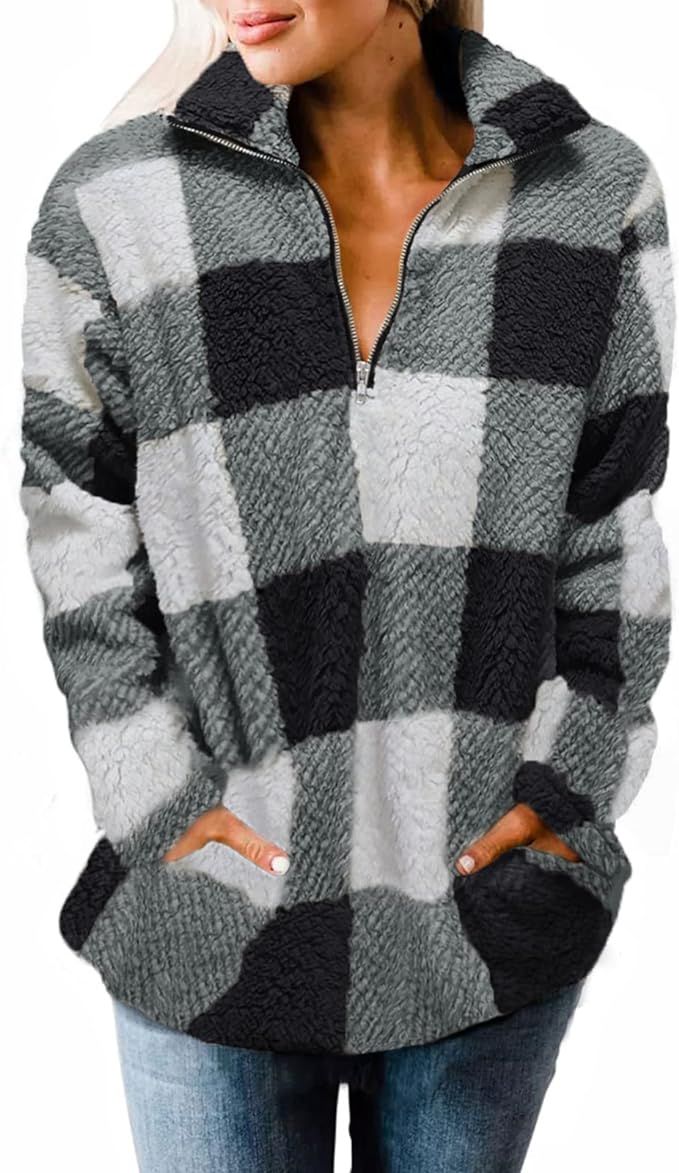 ZESICA Women's Plaid Long Sleeve Zipper Sherpa Fleece Sweatshirt Pullover Jacket Coat,Black,Small... | Amazon (US)
