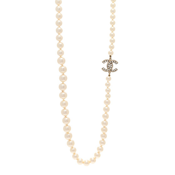 Pearl Baguette Crystal Long CC Necklace Gold | FASHIONPHILE (US)