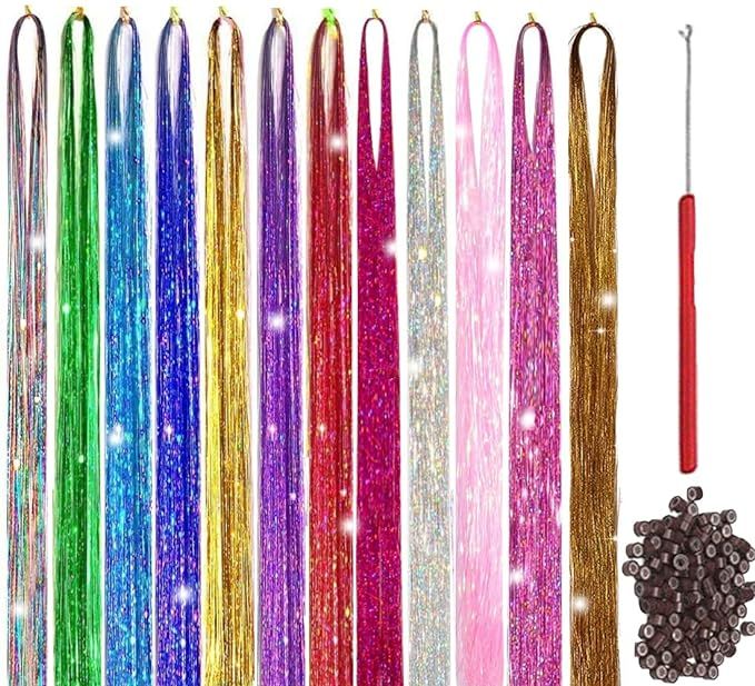 Hair Tinsel Kit With Tool 4200 strands Tinsel Hair Extensions 12 Colors Fairy Hair Tinsel, Sparkl... | Amazon (US)