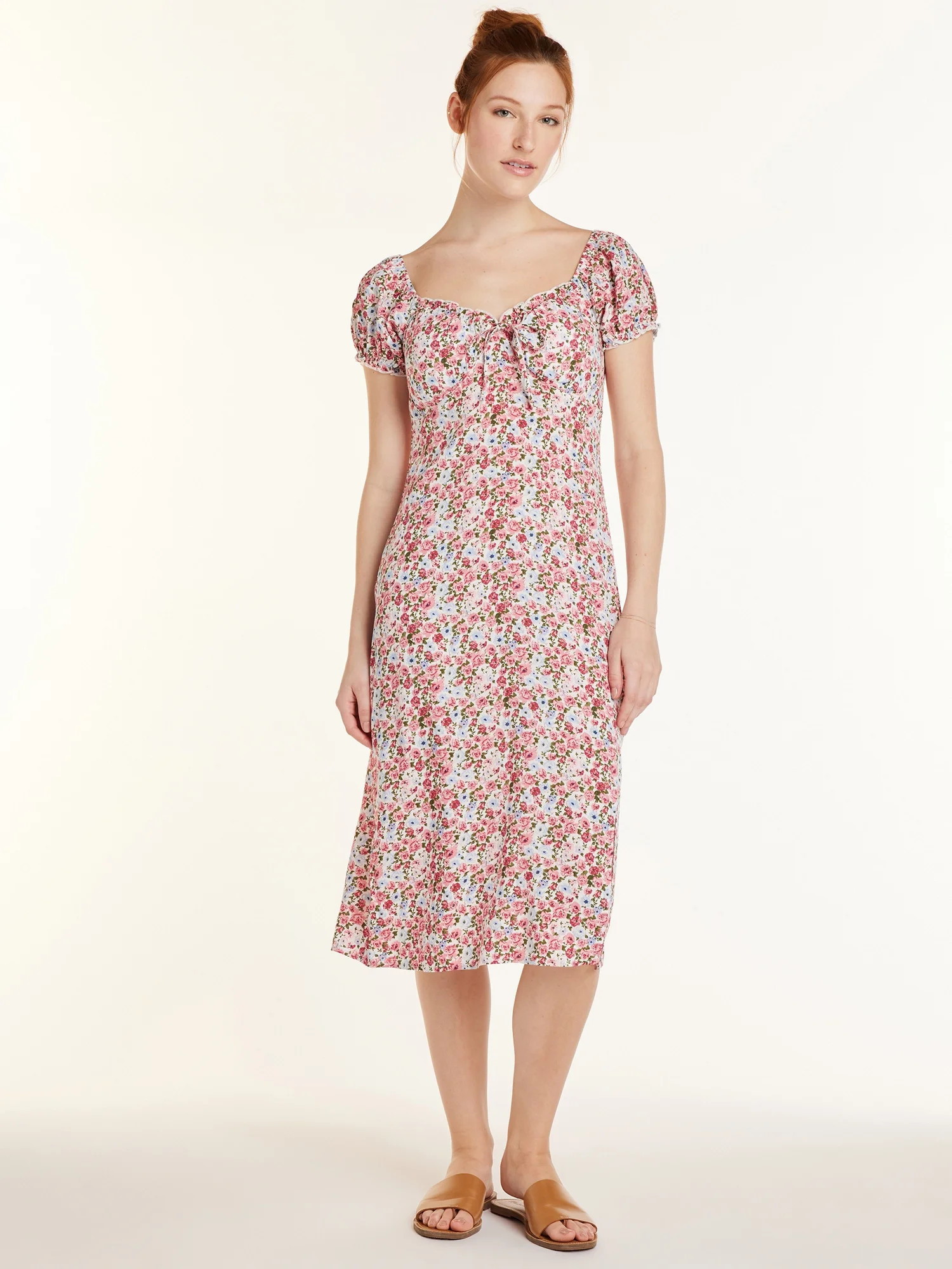 No Boundaries Juniors’ Floral Dress with Short Puff Sleeves, Sizes XS-XXXL | Walmart (US)