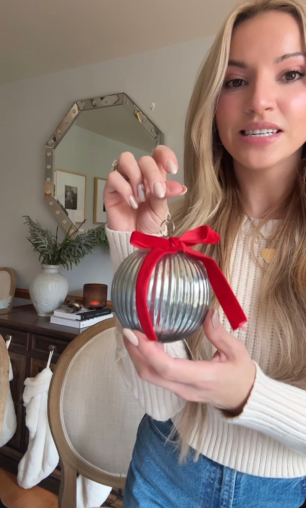 DIY silver mercury glass Christmas ornament with velvet red bow pottery barn Walmart red Christmas decorations decor Christmas tree look for less 