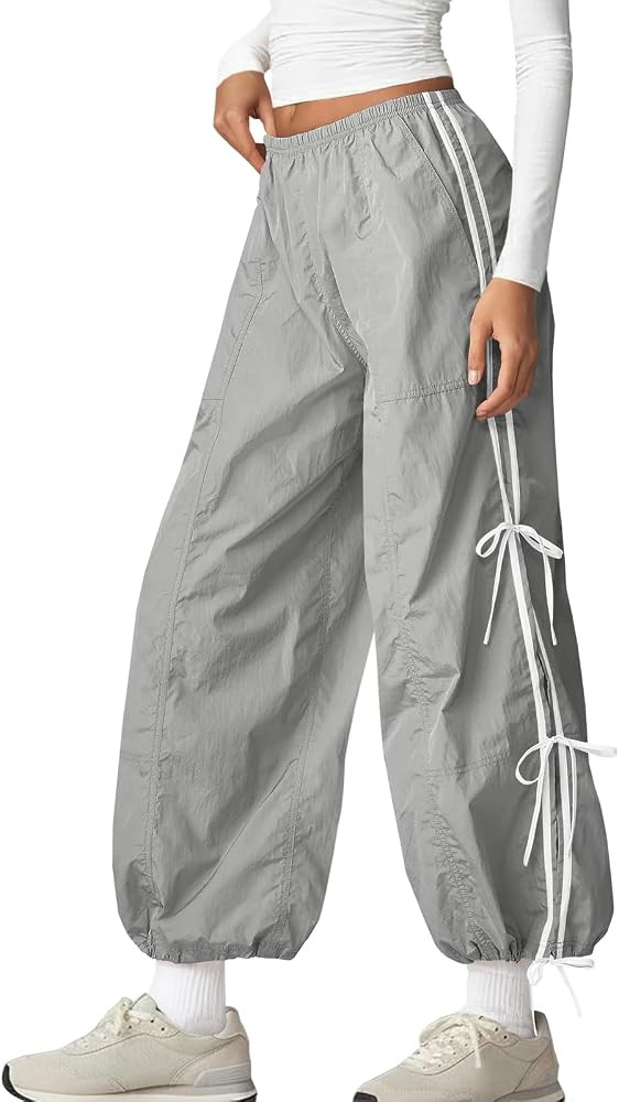 Fisoew Women\u2019s Wide Leg Track Pants Casual Elastic Waist Bow Tie Y2K Baggy Sweatpants with P... | Amazon (US)