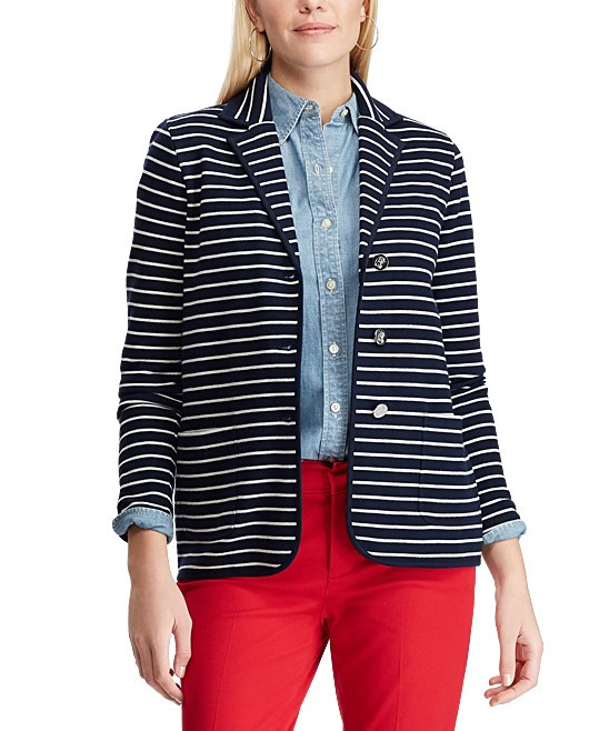 Chaps Women's Blazers CAPRI - Navy & White Stripe Knit Blazer - Women | Zulily