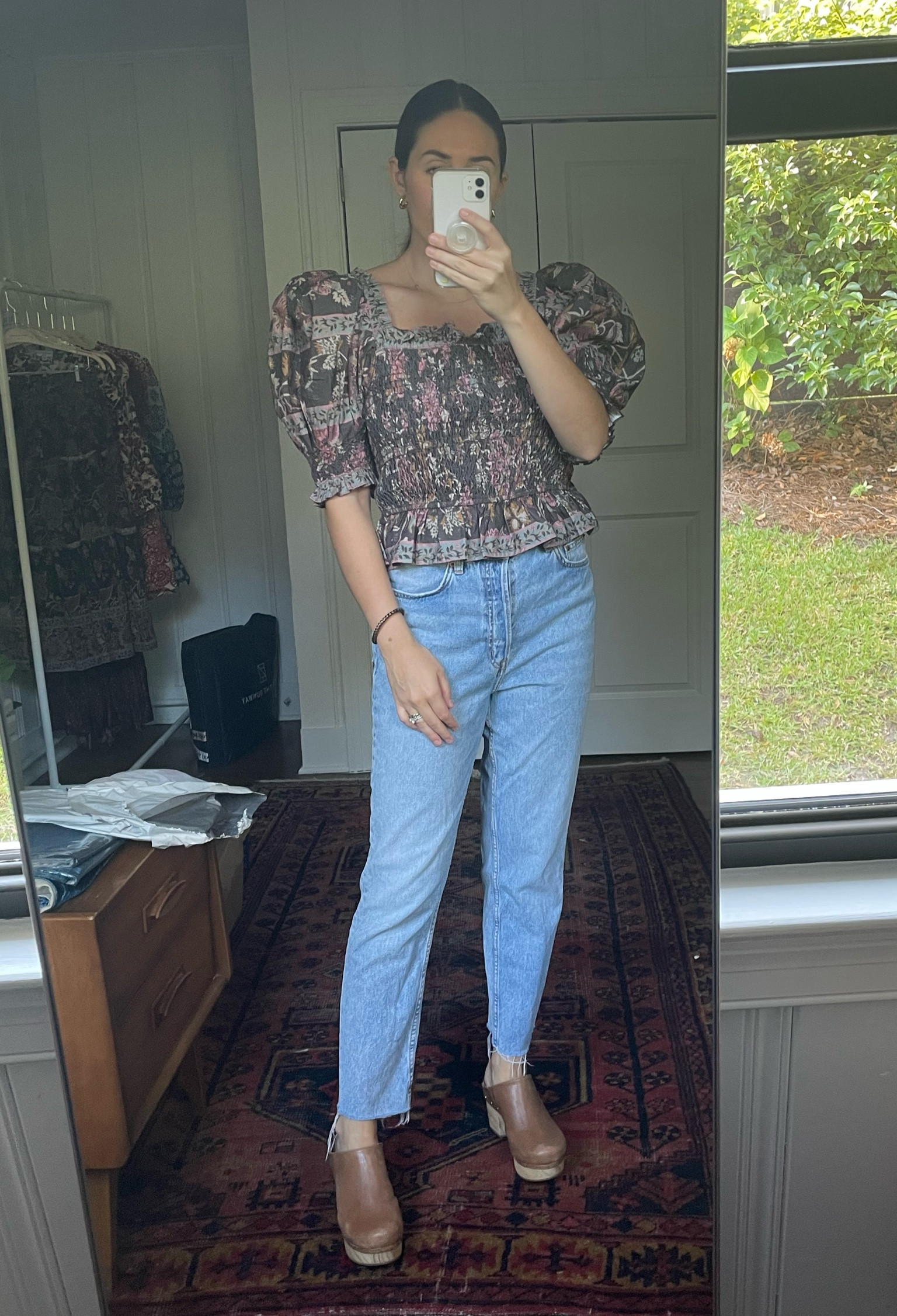 Fall outfit. Fall denim. Affordable denim. H&M. High low outfit. Clogs. Shoe crush. Puff sleeve blouse. Under $59 denim. Mom jeans. Fall footwear. Fall fashion. Work outfit. Weekend look. 

#LTKunder50 #LTKshoecrush #LTKSeasonal