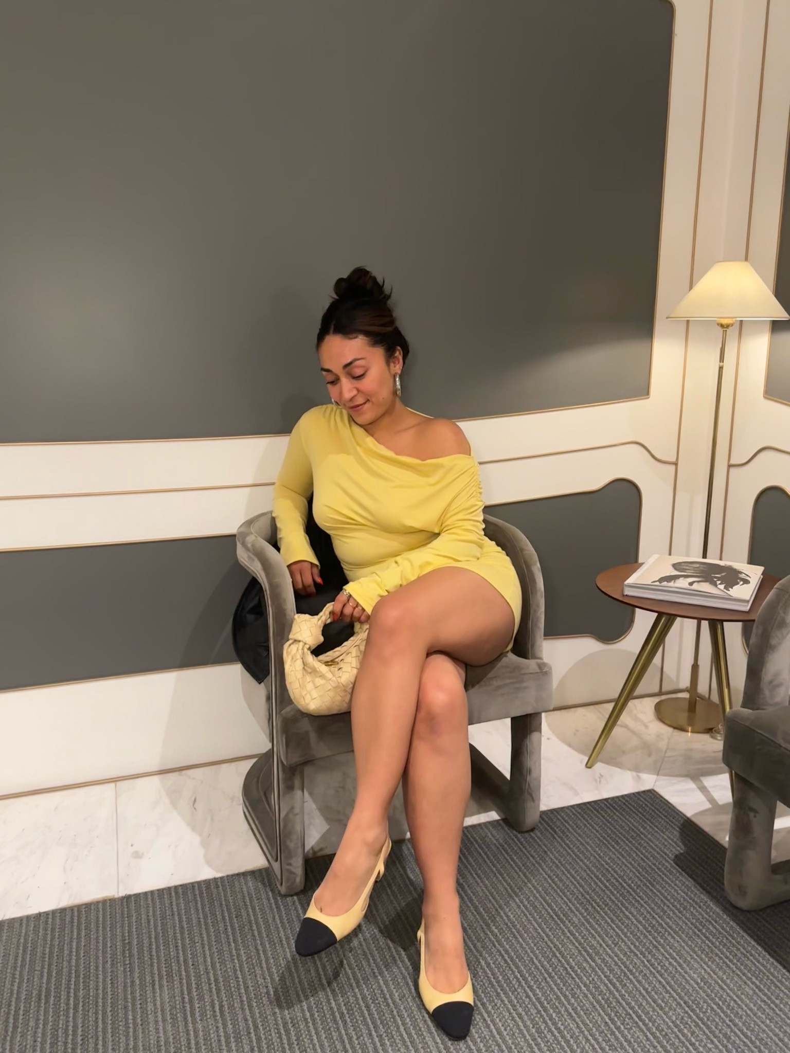 Yellow dress & Chanel sling backs 