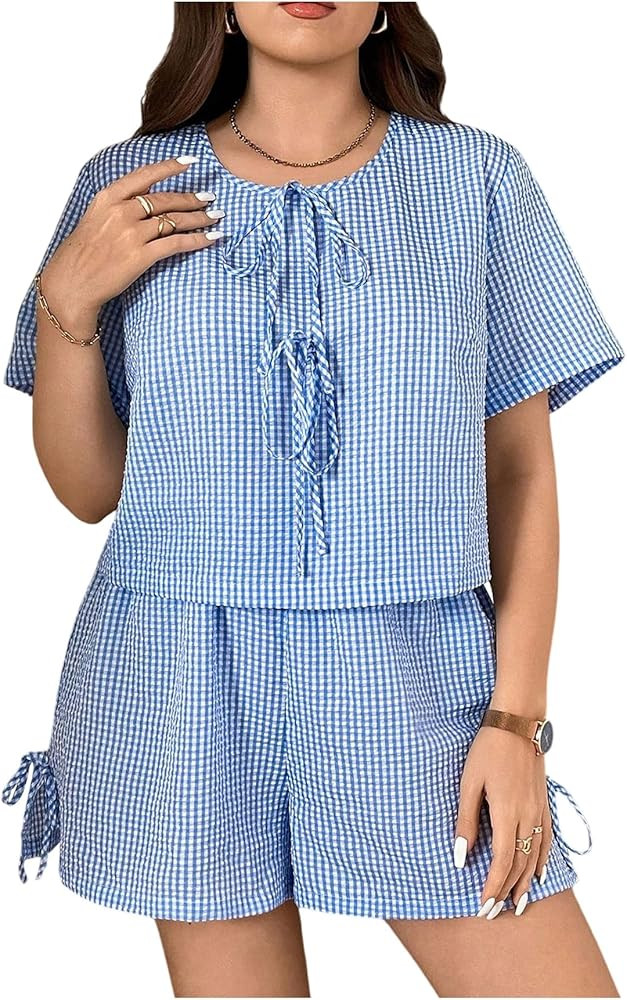 GORGLITTER Women's Plus Size Gingham Going Out Outfits Bow Tie Short Sleeve Shirts Wide Leg Short... | Amazon (US)