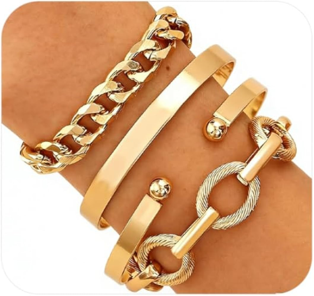 Chunky Gold Bracelets for Women Boho Stackable Bangle Cuff Bracelet Set Layered Link Chain Bracel... | Amazon (US)