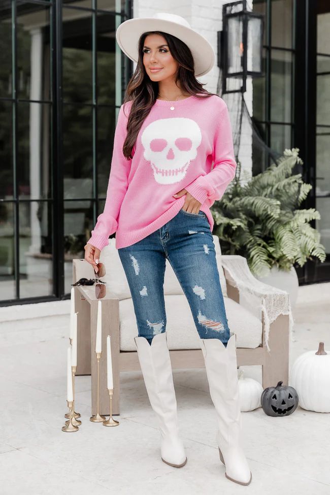Bad To The Bone Pink Skull Sweater | Pink Lily
