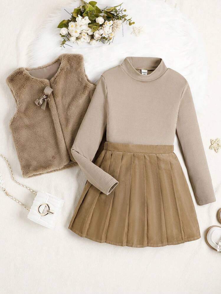 Tween Girls' Fuzzy Vest, Ribbed Stand Collar Top And Pleated Skirt 3-Piece Casual Set, Autumn/Winter | SHEIN