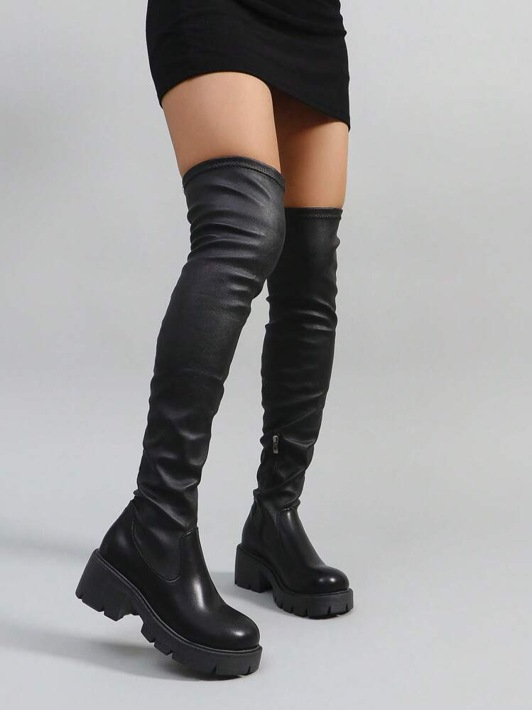 ROMWE Goth Women's Fashion Over The Knee Boots Comfortable Round Toe Chunky Block Heels Thigh High Boots With Adjustable Drawstring And Side Zipper For And Spring Shoes Spring Break Easter | SHEIN