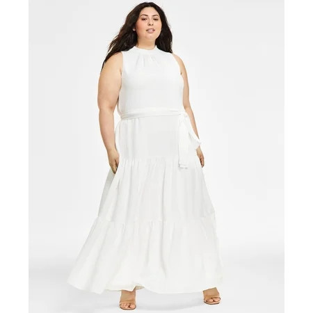 Plus Size Belted Textured Tiered-Skirt Dress Bright White 22W | Walmart (US)