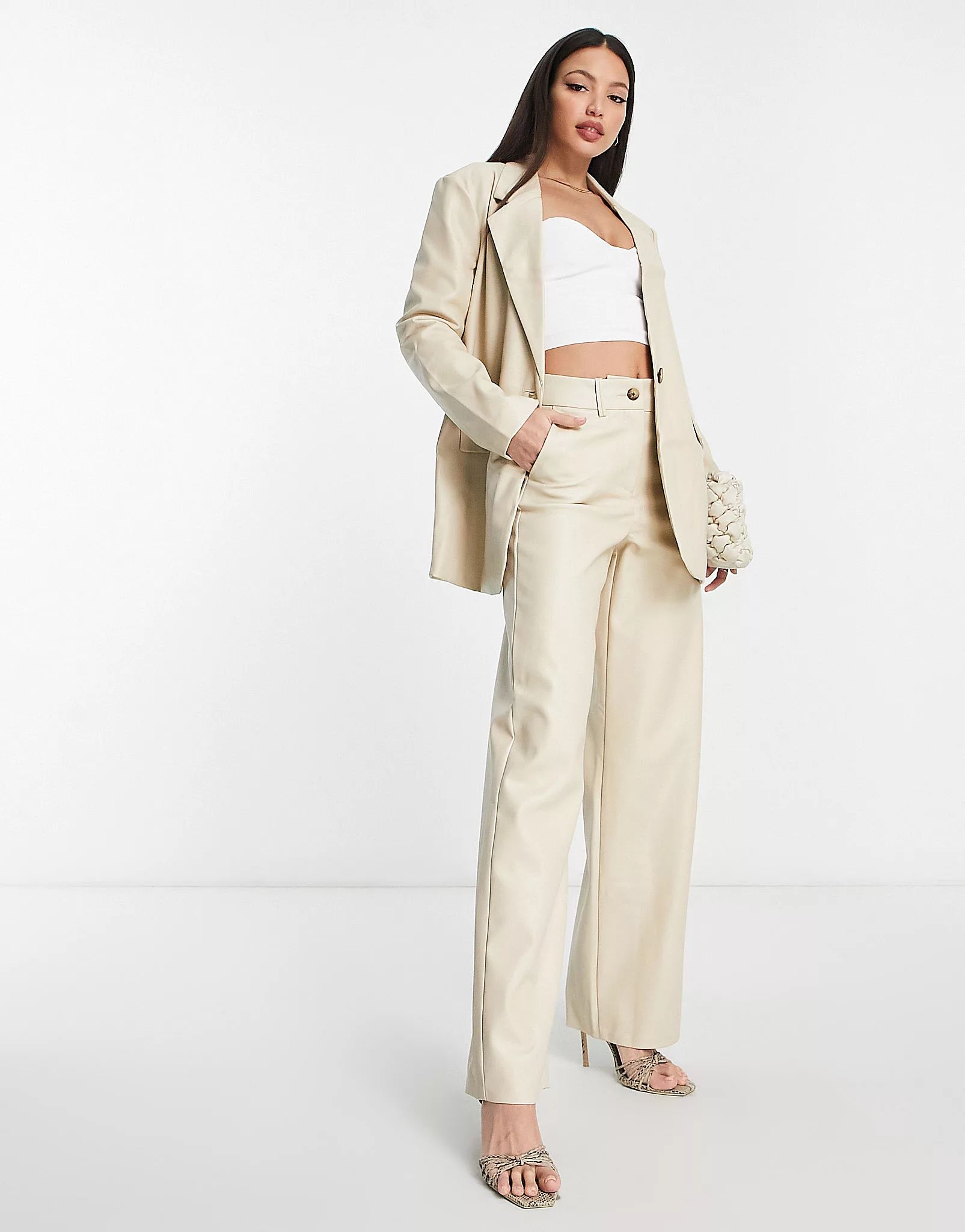 Vero Moda Tall tailored leather look suit blazer co-ord in cream | ASOS (Global)