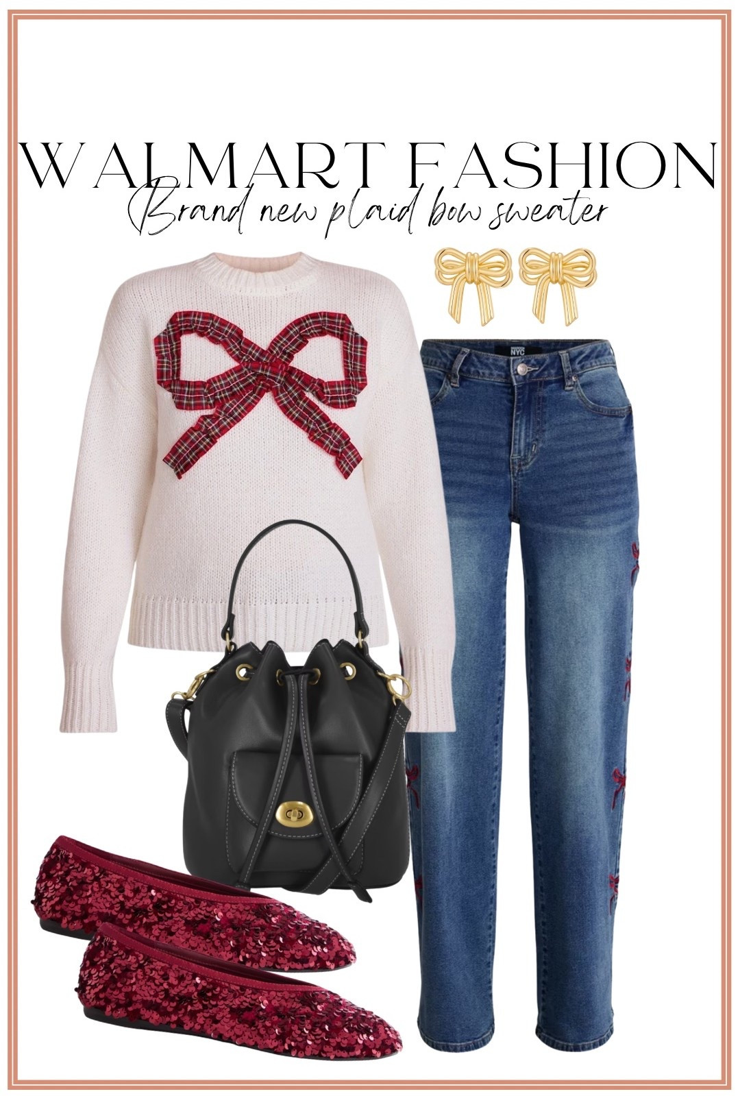 Walmart fashion is bringing the cutest bow details right now! 🎀 This brand new plaid bow sweater is SO good paired with these new Walmart jeans with the sweetest little bow details down the legs. 😍 I love adding the burgundy sequin flats for a fun pop of color and sparkle! Finished it off with the black bucket bag + gold bow earrings. Such a cute Walmart outfit for the holiday season without feeling overly dressy! ❤️✨

#walmartfashion #walmartfinds #walmartstyle #walmartnewarrivals #affordablefashion #holidayoutfit #holidayfashion #bowsweater #walmartoutfit #affordablestyle

#LTKootd #LTKPetite