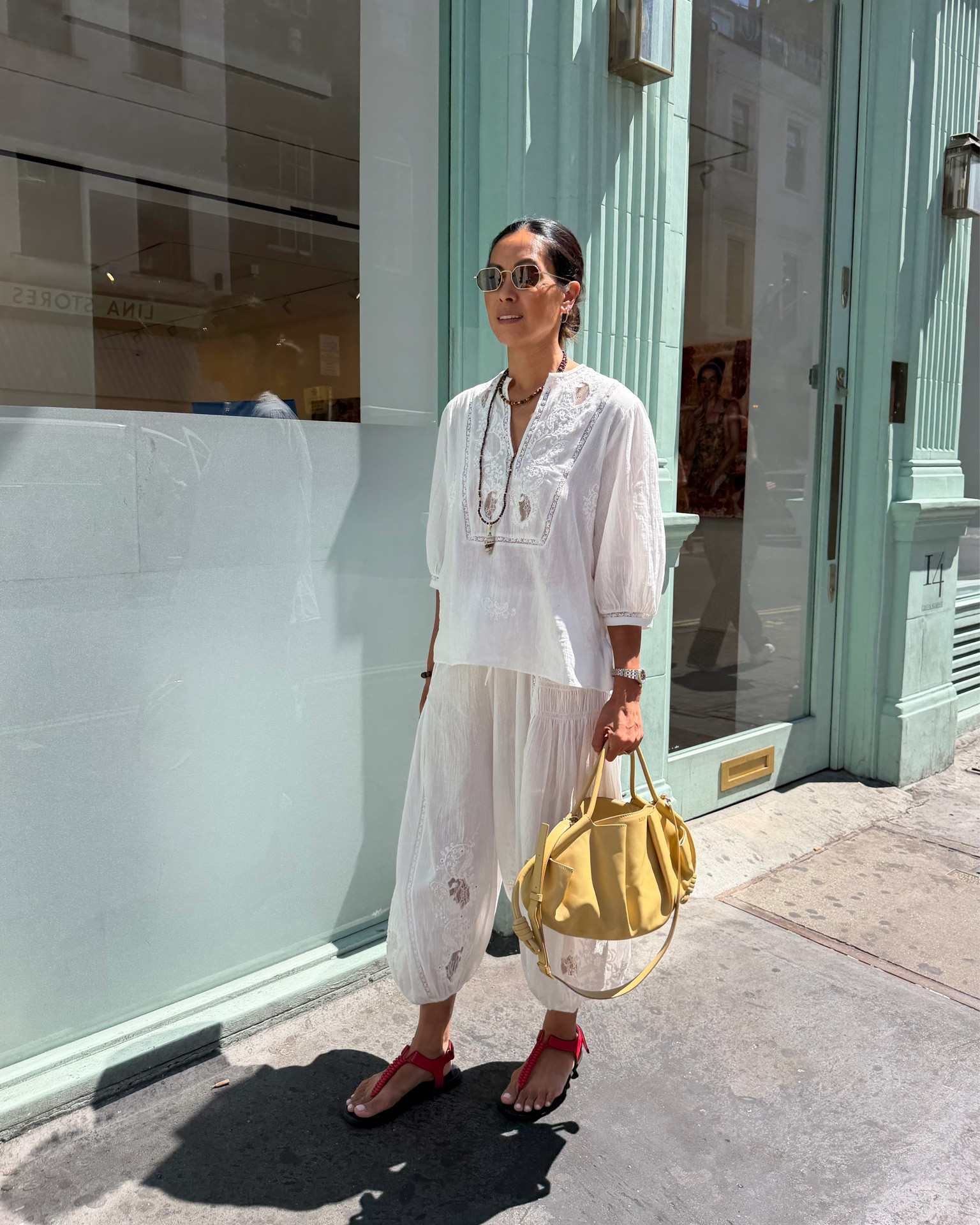Obsessed with the white lace balloon sleeve top and crop trousers - wearing size small in both. 
Styled with my red H&M sandals

#LTKuk #LTKsummer #LTKeurope