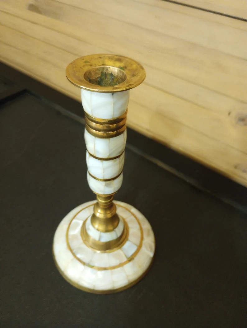 Vintage mother of pearl & brass candle stick holder | Etsy (US)