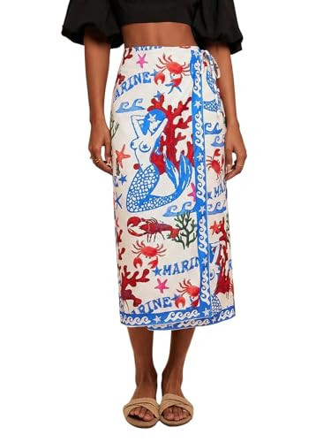 MakeMeChic Women's Boho Midi Skirts Floral Pencil Tie Side Wrap Skirt White | Amazon (US)