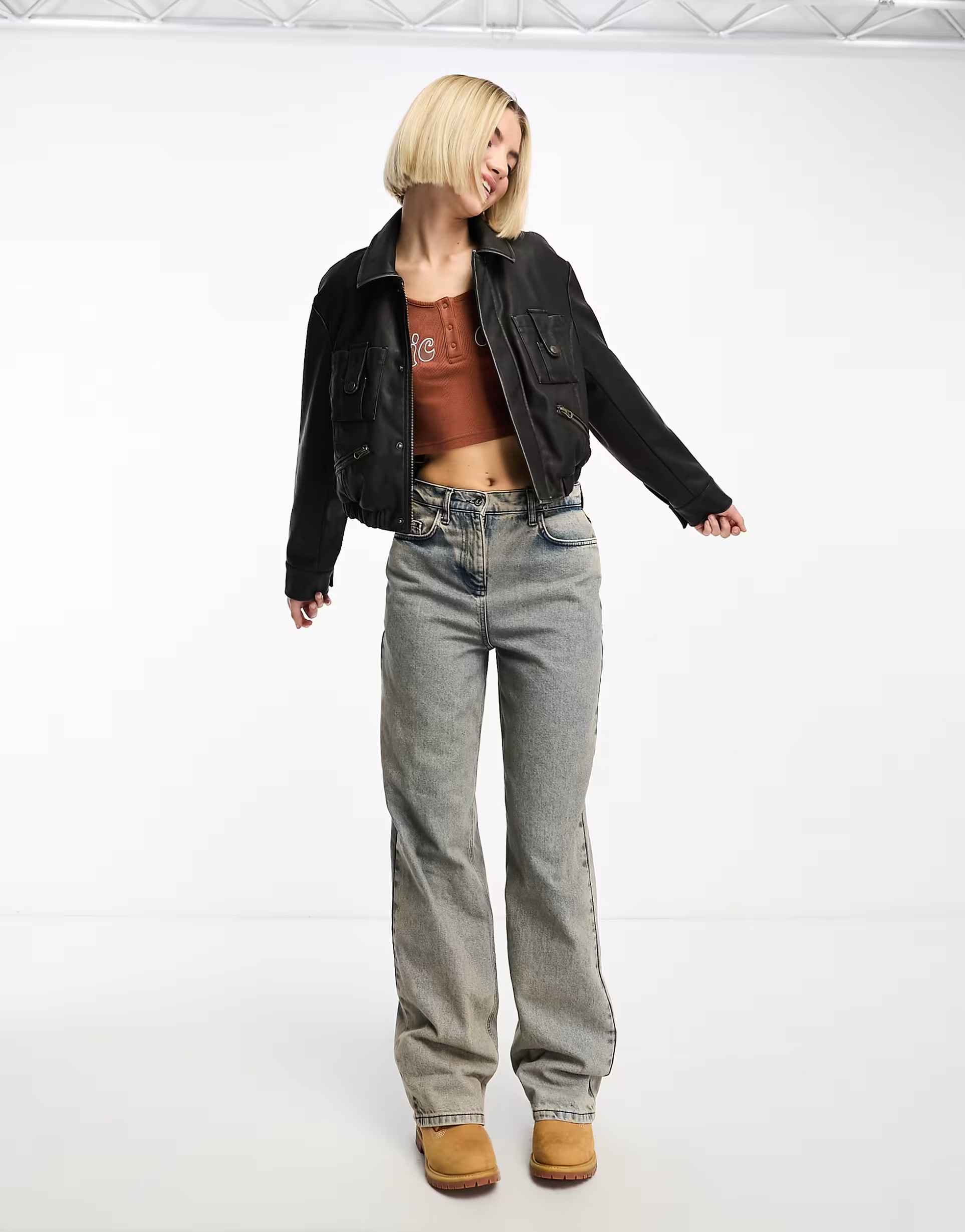 Stradivarius STR faux leather vintage trucker jacket in washed black | ASOS (Global)