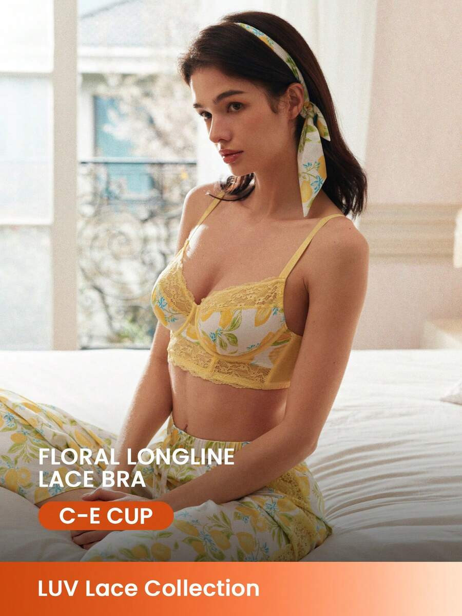 LUVLETTE Breathable Lace Elegance Unlined Push-Up Breezy Comfort Balconette Lemon Print Vacation ... | SHEIN