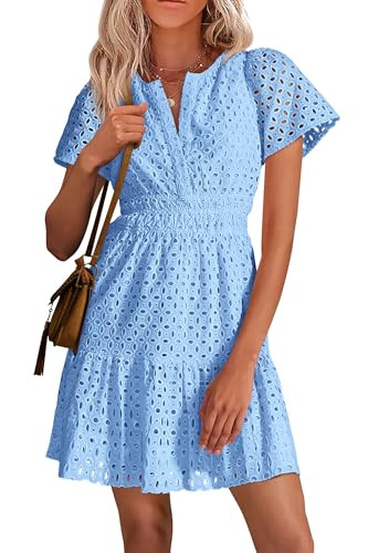 PRETTYGARDEN Womens 2025 Summer Short Dress V Neck Short Sleeve A Line Hollow Out Lace Ruffle Cute Casual Beach Party Dresses (Light Blue,Small) | Amazon (US)
