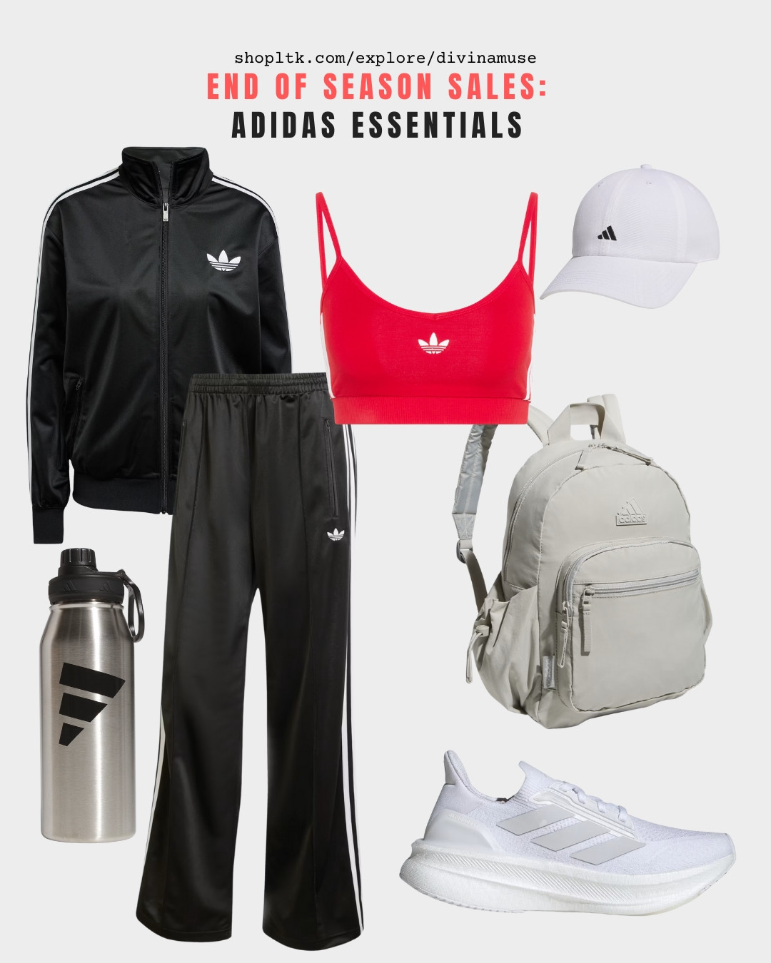 end of season sales: adidas essentials. 
tracksuit with adidas zip up and classic track pants, red sports bra to contrast the fit, white cap, steel bottle to keep water cool, neutral tone backpack, and my faves, ultra boost 5x, the successor of the previous ultra boosts with more cushion for comfortable impact while training and running. I have the black and it's SO worth it. #salefinds #adidassalepicks #athleisure #workoutoutfit #runningoutfit #tracksuits #sportsbras  

 #LTKActive #LTKSaleAlert #LTKFindsUnder100