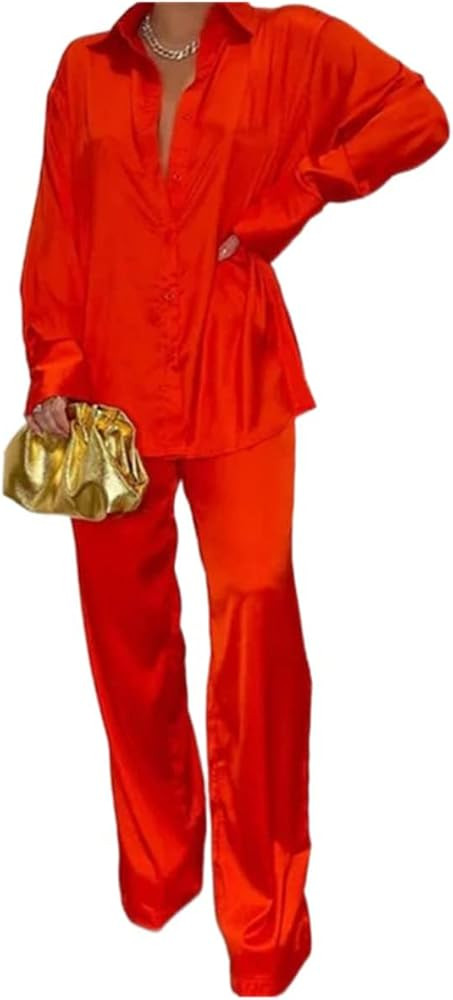 Women Two Pieces Floral Pants Set Long Sleeve Button Down Shirt Blouse+Wide Leg Pants Loose Pleated  | Amazon (US)