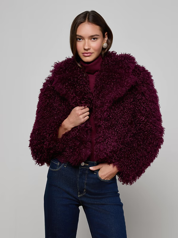 Aura Cropped Faux Fur Jacket in Primitivo | L'AGENCE | L'Agence