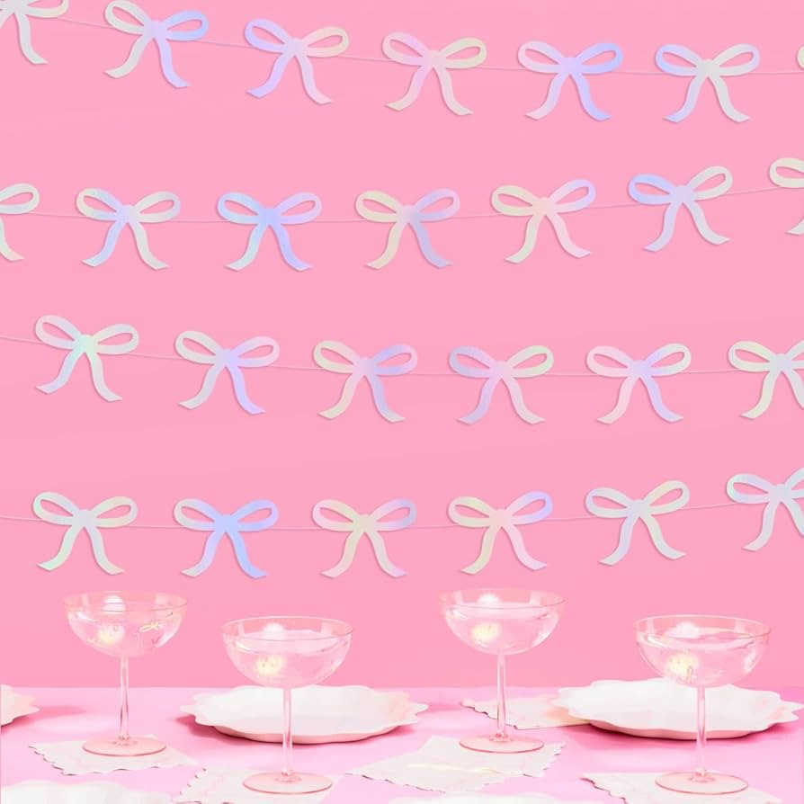 xo, Fetti Iridescent Bow Hanging Garland - 4 pcs, 12' | Bachelorette Decorations, Tying The Knot ... | Amazon (US)