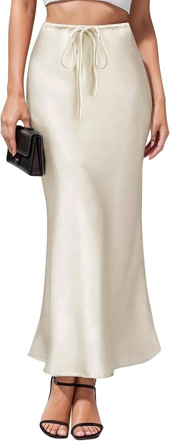 Women's Drawstring High Waisted Satin Maxi Skirt A-Line Flowy Silk Fall Elegant Long Skirts for W... | Amazon (US)