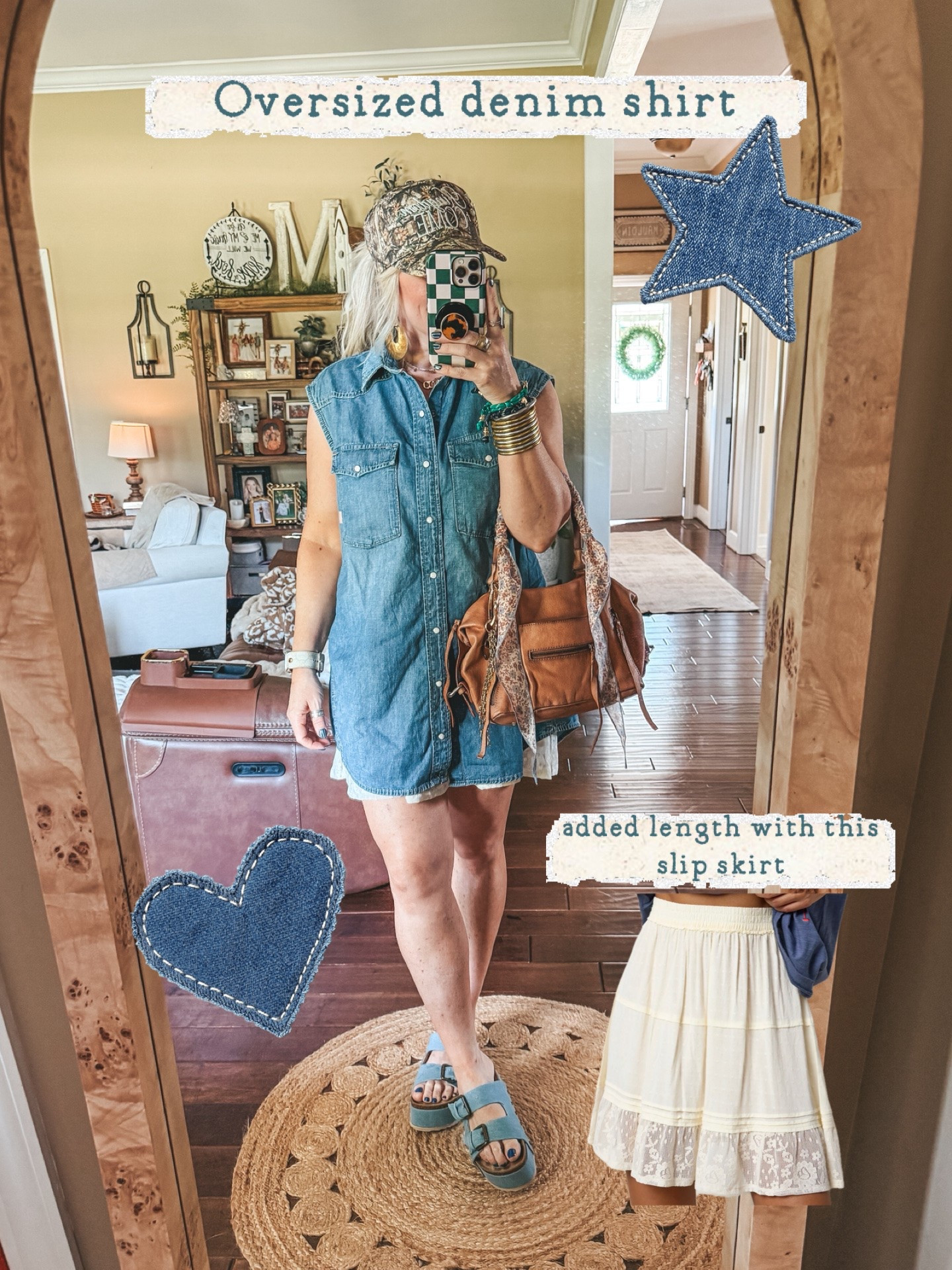 LOVE this oversized denim shirt! It’s so cute and I had to size down to an XS. 
This slip skirt is @Natural Life and I’m in a medium. Sandals are tts. 
#summeroutfit #denimshirt #slipskirt

#LTKOver40 #LTKootd