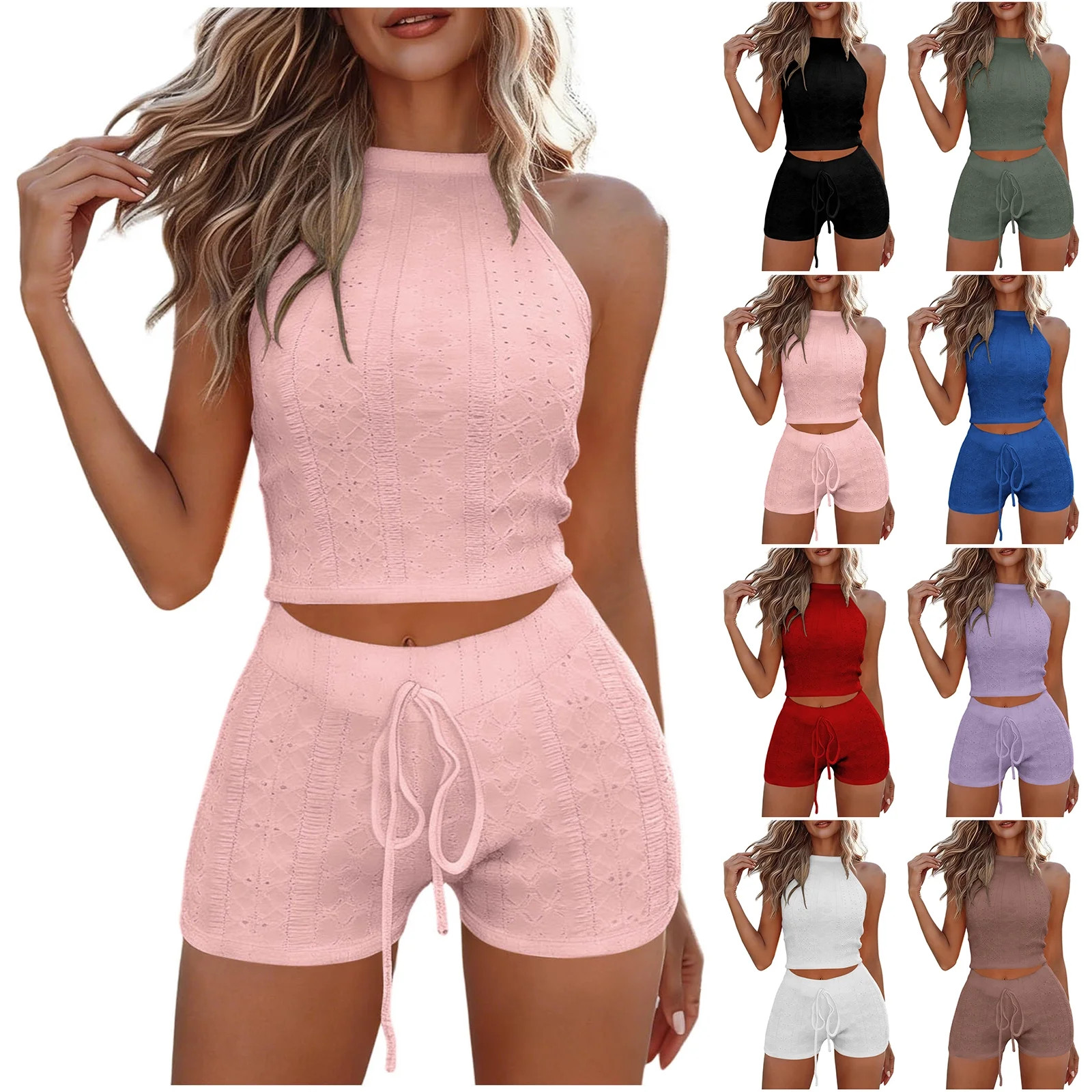 Bloomae Summer Womens Fashion Two Piece Sets Trendy Lace Crochet Eyelet Casual Sleeveless Halter ... | Walmart (US)