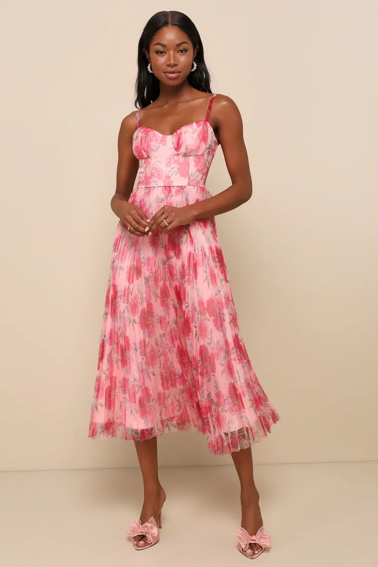 Alluring Invite Light Pink Floral Pleated Bustier Midi Dress | Lulus