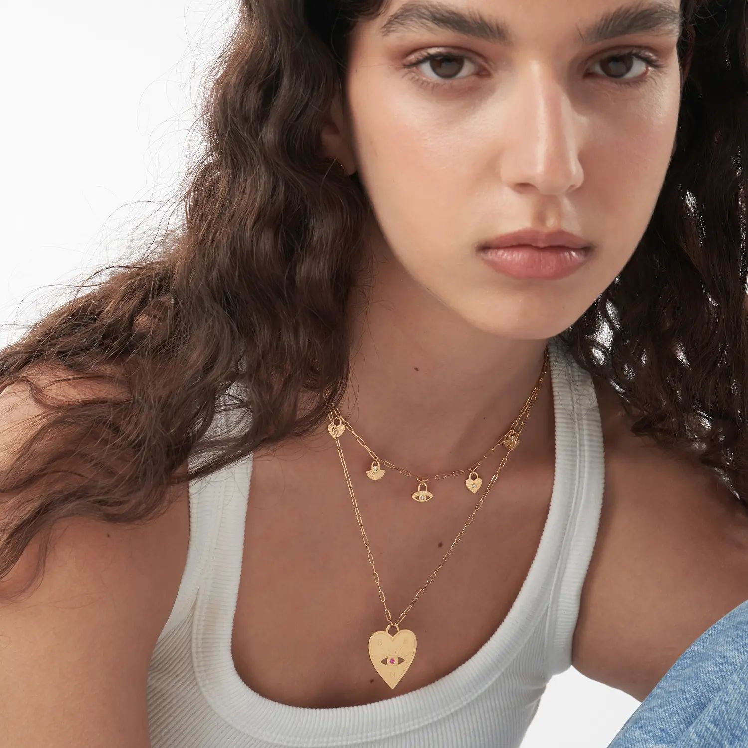 Engraved Evil Eye Heart Necklace with Cubic Zirconia - Gold Vermeil | Oak & Luna (US)