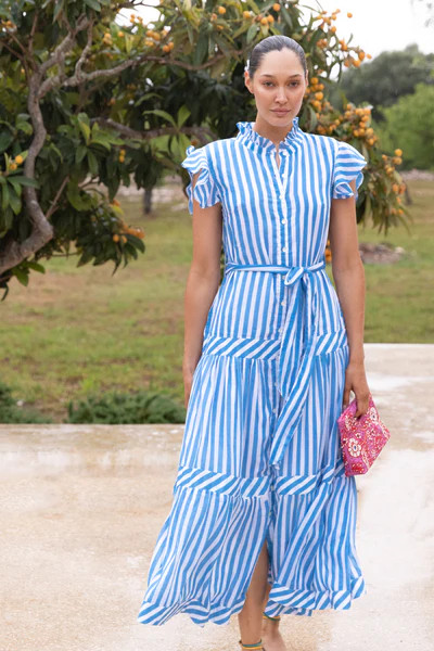Ruffle Collar Button Maxi- Playa Blue | Oliphant Design