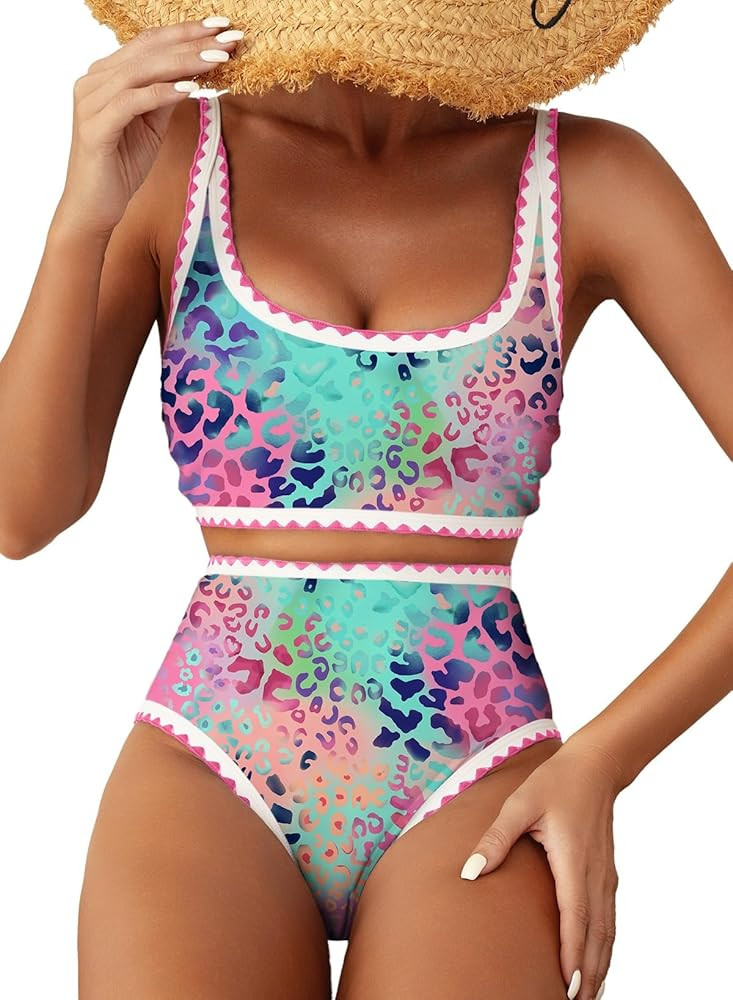 Herseas Women's Bikini Sets Floral Print Whip Stitch 2 Piece Swimsuits High Waisted Scoop Bathing... | Amazon (US)