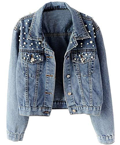 Kedera Women Oversized Denim Jacket Embroidered Pearls Beading Jeans Coat (Blue, Small) at Amazon... | Amazon (US)