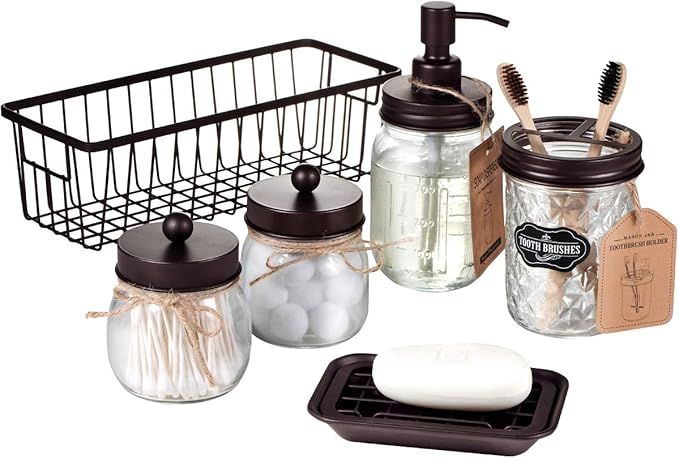 Premium Mason Jar Bathroom Accessories Set (6PCS) - Lotion Soap Dispenser,Toothbrush Holder,2 Apo... | Amazon (US)