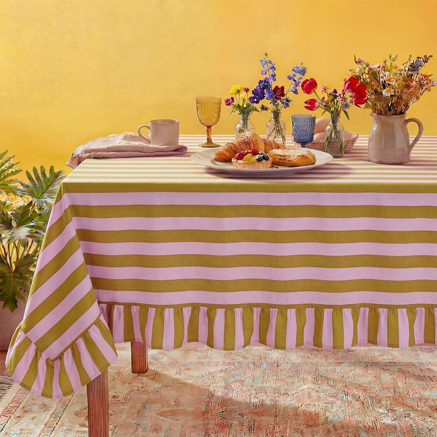 Tudomro 1 Pcs Ruffle Edge Striped Tablecloth, 52'' x 70'' Scalloped Table Cover, Farmhouse Linen ... | Amazon (US)