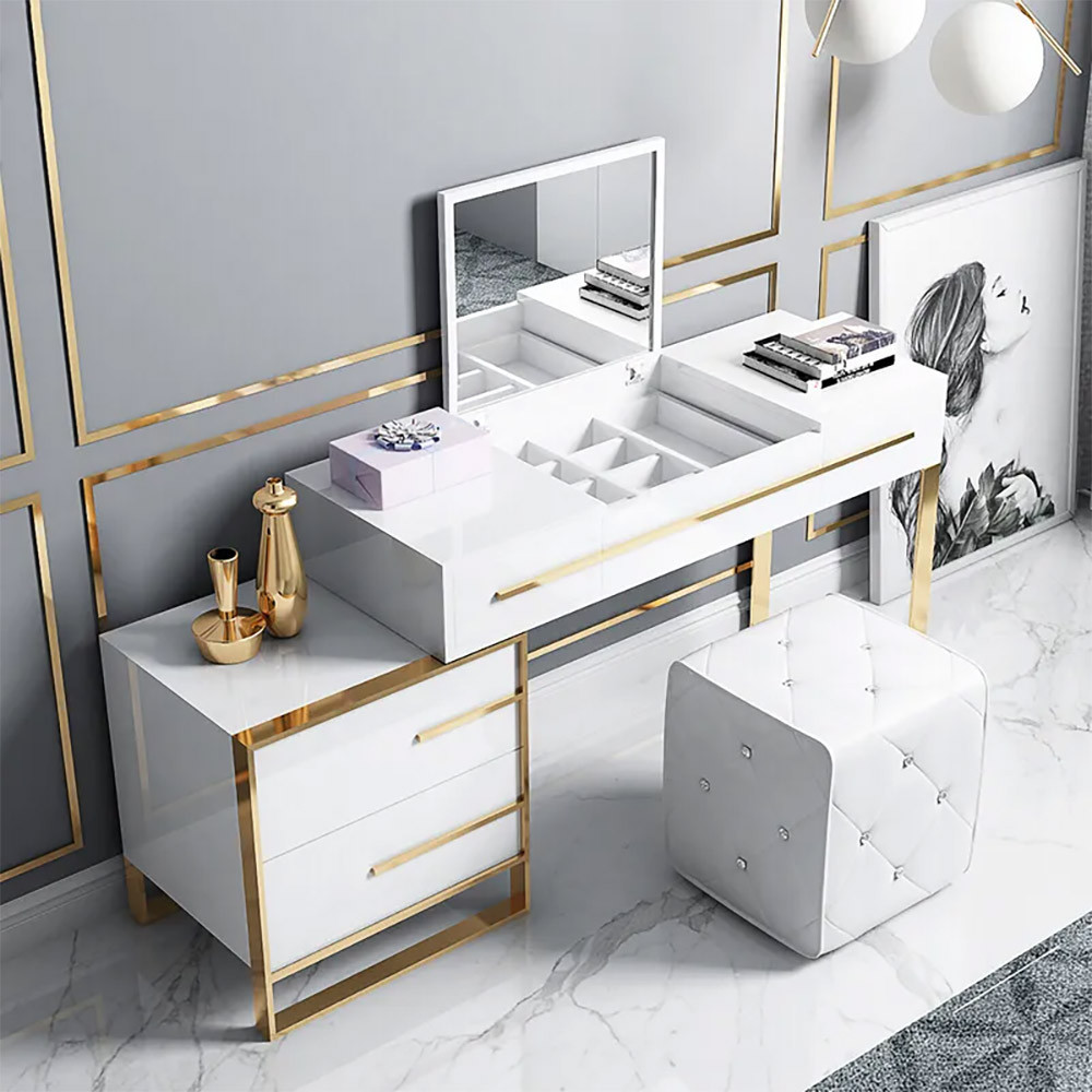 White Makeup Vanity with Storage & Flip Top Mirror 4 Drawers & Golden Base | Homary