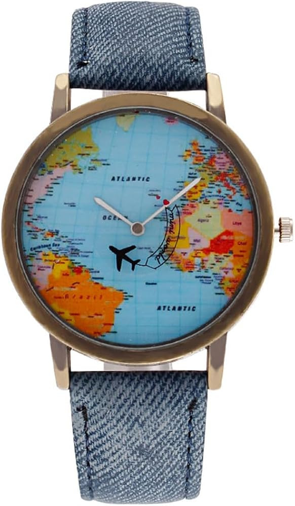 MINILUJIA Travel The World Watch Cool Unique Airplane Moving Flying World Map Watch with Black Je... | Amazon (US)