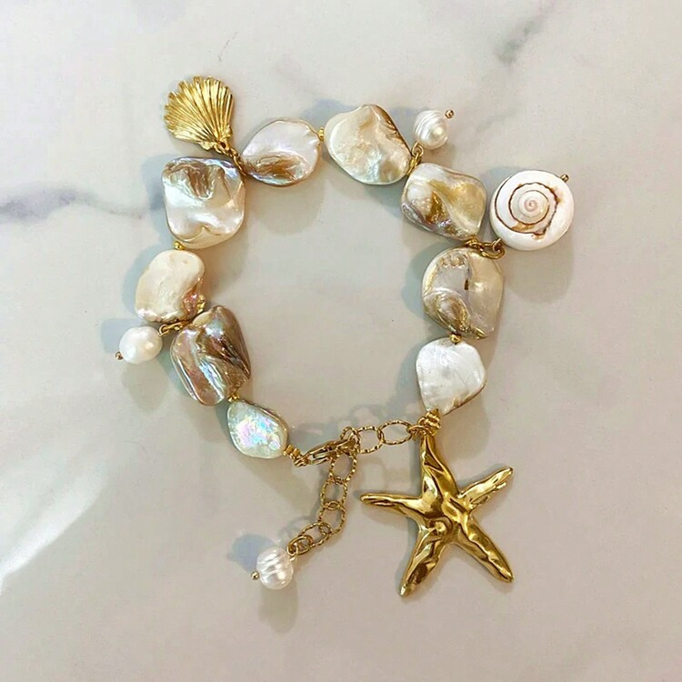 1pc Stainless Steel Gold Starfish & Shell Beaded Bracelet Women's Fashion Accessory | SHEIN