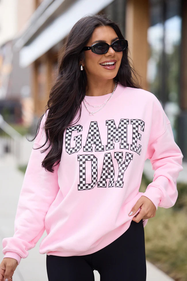 Checkered Game Day Light Pink Graphic Sweatshirt | Pink Lily