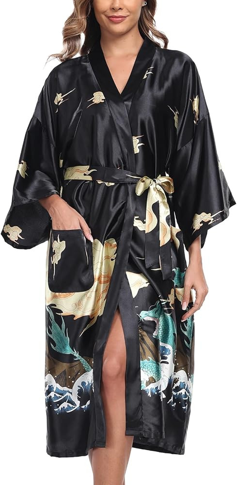 BestWendding Women's Satin Kimono Robes Floral Patterned Long Bathrobe Silky Dressing Gown Brides... | Amazon (US)