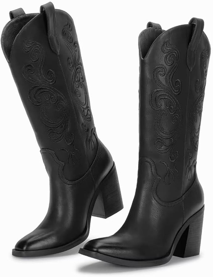 wetkiss Mid Calf Cowgirl Boots Women, Chunky Heel Western Boots, Embroidered Square Toe Cowboy Bo... | Amazon (US)