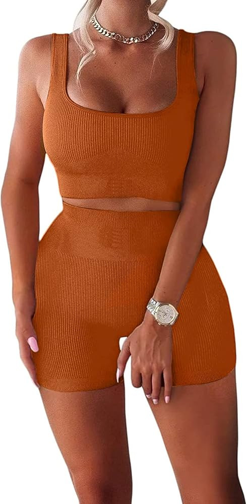 Women's Workout Sets Ribbed Tank 2 Piece Seamless High Waist Gym Outfit Yoga Shorts Sets | Amazon (US)