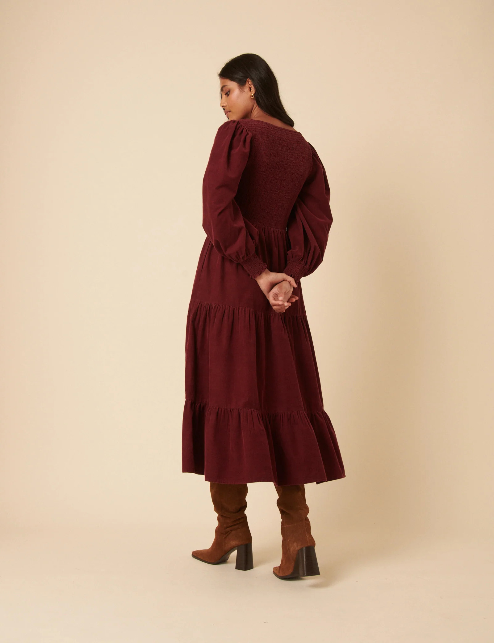 Burgundy Cord Tiered Ruby Midi Dress | Nobody's Child