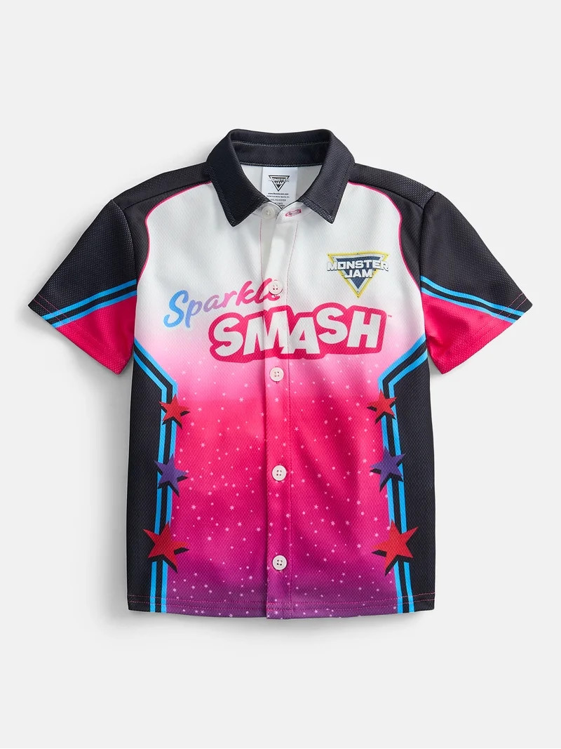 Monster Jam Sparkle Smash Toddler Boys Button Front Shirt with Short Sleeves, Sizes 12M-5T | Walmart (US)