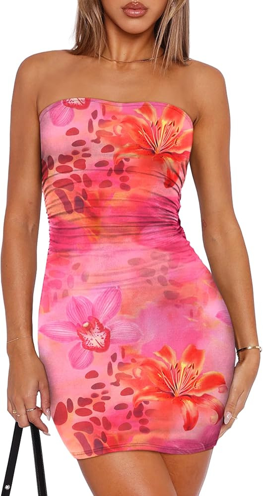 OFEEFAN Summer Dresses for Women 2025 Strapless Ruched Party Club Bodycon Mini Dress | Amazon (US)