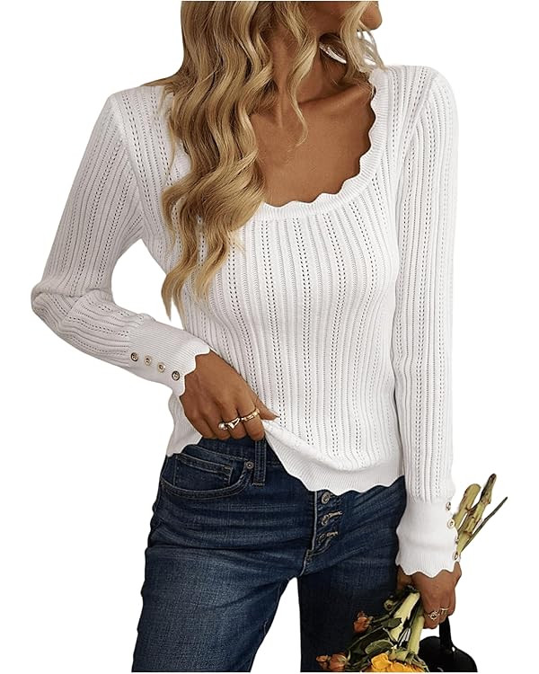 GORGLITTER Women's Scallop Trim Button Decor Sweater Scoop Neck Long Sleeve Pointelle Knit Top | Amazon (US)