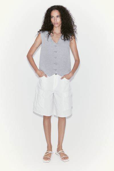 Linen-blend Suit Vest - V-neck - Long - Gray - Ladies | H&M US | H&M (US + CA)